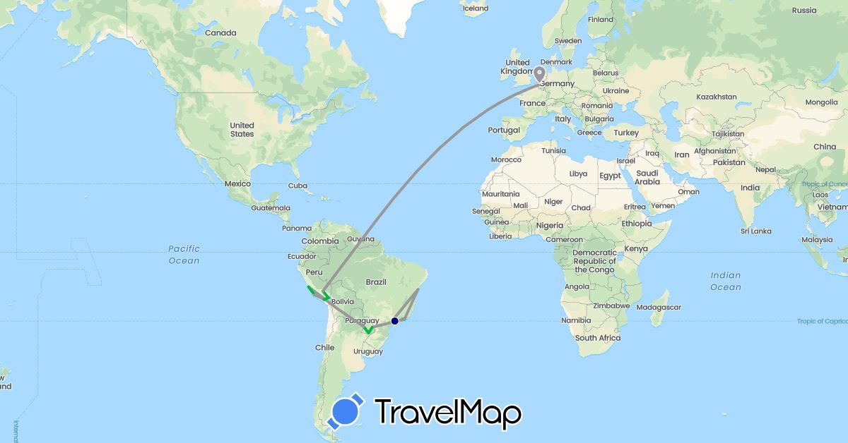 TravelMap itinerary: driving, bus, plane, boat in Belgium, Brazil, Peru, Paraguay (Europe, South America)